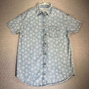 Women's size (14) blue Jean Denim Flower Print summer grunge Short Sleeve shirt